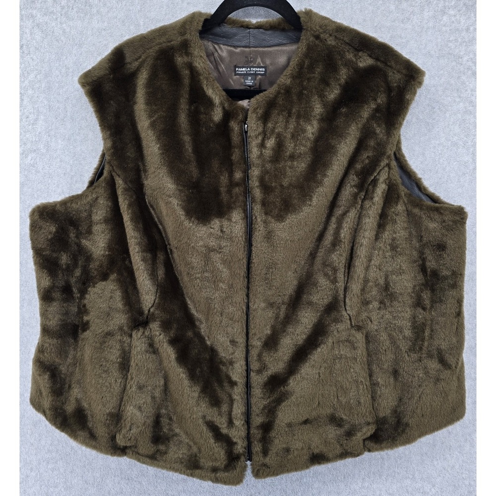 Pamela Dennis Private‎ Client Group Faux Fur Vest  2XL Brown Zip Chic Boho Glam